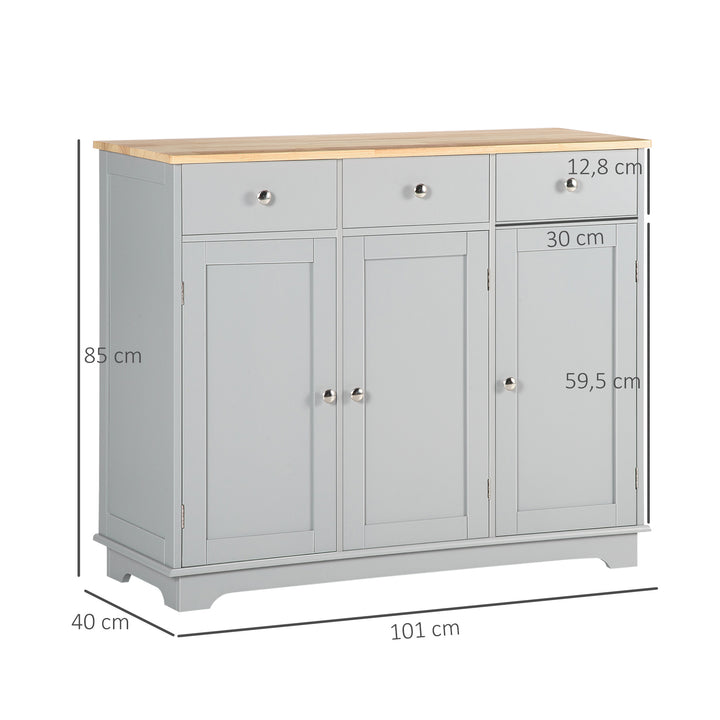 Aparador de Cozinha com 3 Gavetas 3 Portas e Prateleiras Ajustáveis Móvel Auxiliar de Armazenamento para Cozinha Sala de Estar Estilo Moderno Anti-Rolamento 101x40x85 cm Cinzento