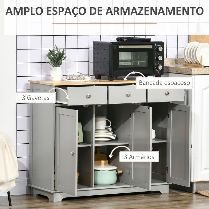 Aparador de Cozinha com 3 Gavetas 3 Portas e Prateleiras Ajustáveis Móvel Auxiliar de Armazenamento para Cozinha Sala de Estar Estilo Moderno Anti-Rolamento 101x40x85 cm Cinzento