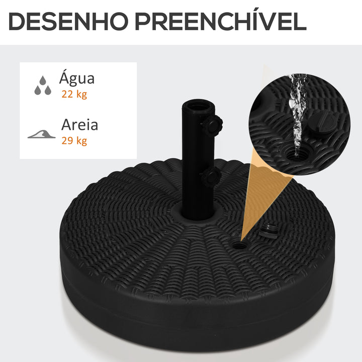 Base para Chapéu de Sol Redondo Suporte para Chapéu de Sol Recarregável com Água 22 kg e Areia 29 kg para Mastro de Chapéu de Sol de Ø38/48 mm Ø51x36 cm Negro