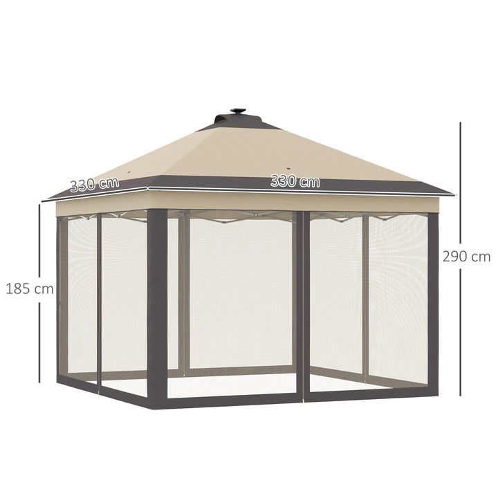 Pérgola Dobrável Exterior 3,3x3,3x2,9 m com Luzes LED e Controle Remoto Pérgola de Jardim com 4 Mosquiteiras Removíveis e Bolsa de Transporte para Acampamento Festas Bege