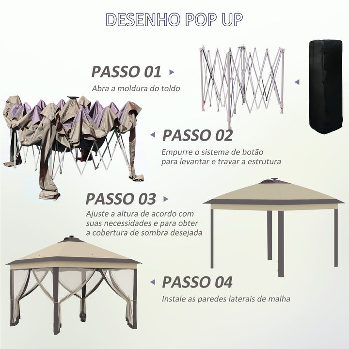 Pérgola Dobrável Exterior 3,3x3,3x2,9 m com Luzes LED e Controle Remoto Pérgola de Jardim com 4 Mosquiteiras Removíveis e Bolsa de Transporte para Acampamento Festas Bege