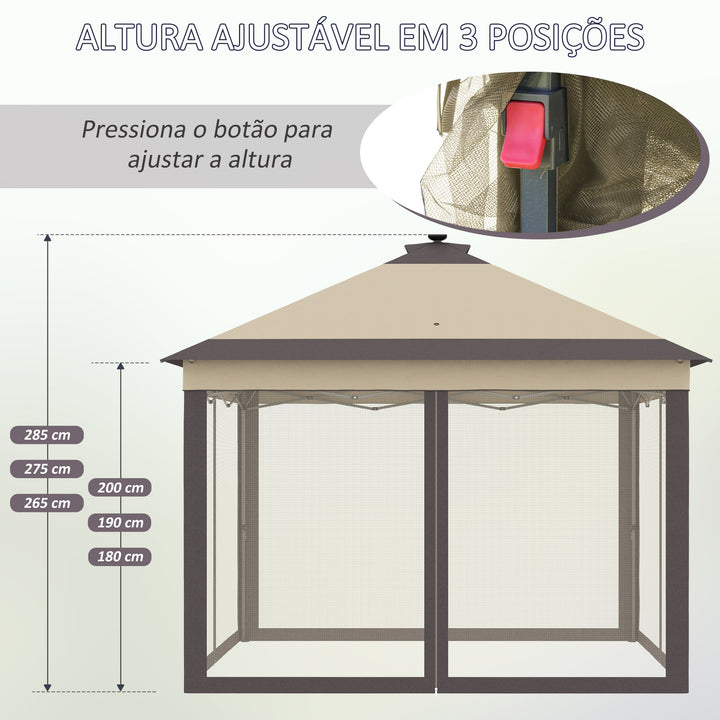 Pérgola Dobrável Exterior 3,3x3,3x2,9 m com Luzes LED e Controle Remoto Pérgola de Jardim com 4 Mosquiteiras Removíveis e Bolsa de Transporte para Acampamento Festas Bege