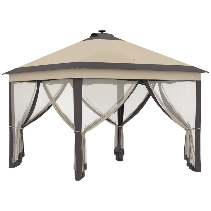 Pérgola Dobrável Exterior 3,3x3,3x2,9 m com Luzes LED e Controle Remoto Pérgola de Jardim com 4 Mosquiteiras Removíveis e Bolsa de Transporte para Acampamento Festas Bege