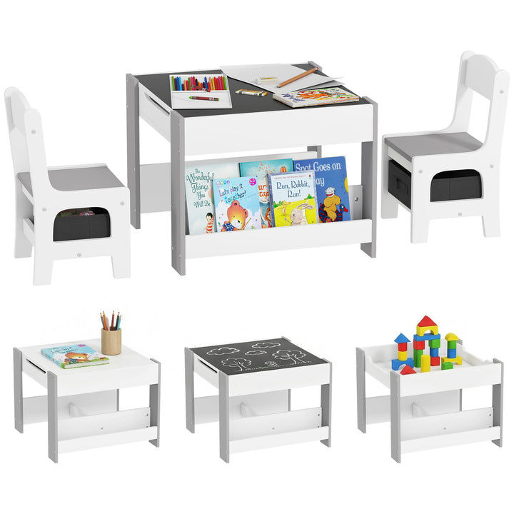 Conjunto de Mesa e 2 Cadeiras Infantis Mesa com Cadeiras para Crianças 2 em 1 com Ardósia Gavetas de Tecido e Espaço de Armazenamento para Quarto Sala de Jogos Cinza