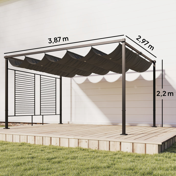 Pérgola de Jardim 4x3 m com Teto Retrátil e 2 Painéis de Privacidade Fixos Pérgola de Jardim com Proteção UPF50+ Drenagem Estrutura Metálica Refúgio para Exterior Cinzento Escuro