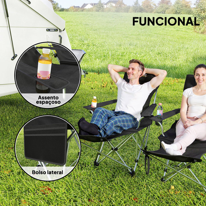Conjunto de 2 Cadeiras Dobráveis Campismo Portáteis com Apoio para os Pés Desmontável Apoio para a Cabeça Porta-Copos e Bolsa Lateral Carga 120 kg para Jardim Praia Pesca 50-100x82x88 cm Preto