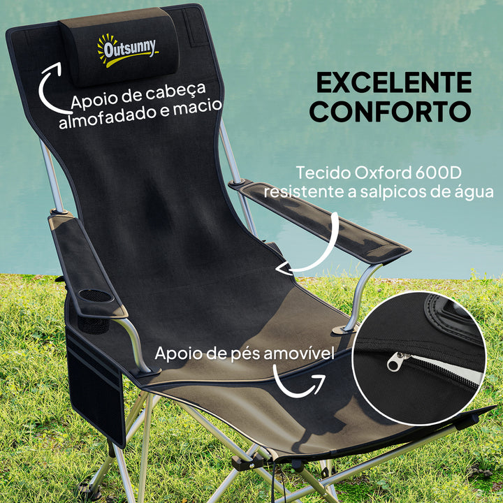 Conjunto de 2 Cadeiras Dobráveis Campismo Portáteis com Apoio para os Pés Desmontável Apoio para a Cabeça Porta-Copos e Bolsa Lateral Carga 120 kg para Jardim Praia Pesca 50-100x82x88 cm Preto