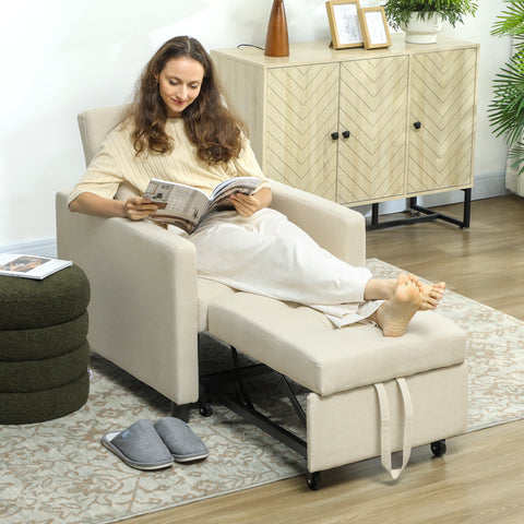 Sofá Cama Individual Poltrona com 4 Rodas Encosto Reclinável Almofada Extra e Assento Acolchoado Carga 100 kg para Escritório Dormitório Sala de Estar 69x82,5x84 cm Bege