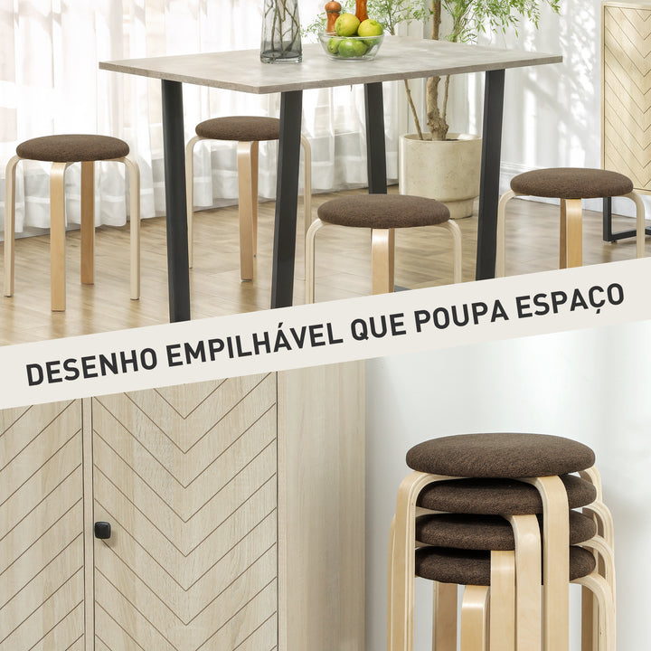 Conjunto de 4 Bancos Empilháveis Redondos Bancos Baixos de Cozinha com Assento Acolchoado para Sala de Jantar Quarto Escritório Sala Marrom e Madeira