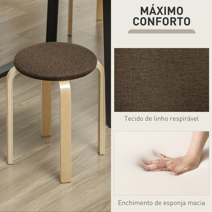 Conjunto de 4 Bancos Empilháveis Redondos Bancos Baixos de Cozinha com Assento Acolchoado para Sala de Jantar Quarto Escritório Sala Marrom e Madeira