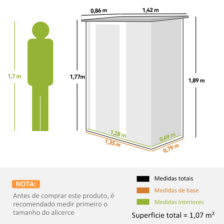 Abrigo de Jardim 1,07m² 142x84x189cm Abrigo de Jardim de Aço Galvanizado com Porta Fechadura e Orifícios de Drenagem para Armazenamento de Ferramentas Cinza