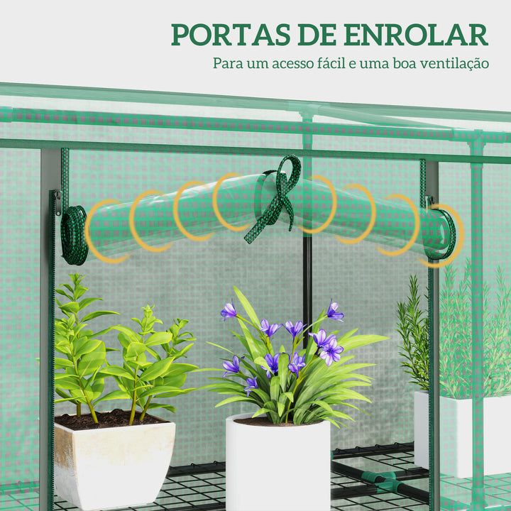 Estufa Pequena Estufa de Exterior com Prateleiras de 3 Níveis Portas com Fecho de Correr e Estrutura de Aço Estufa para Cultivar Plantas Flores 215x46x151 cm Verde