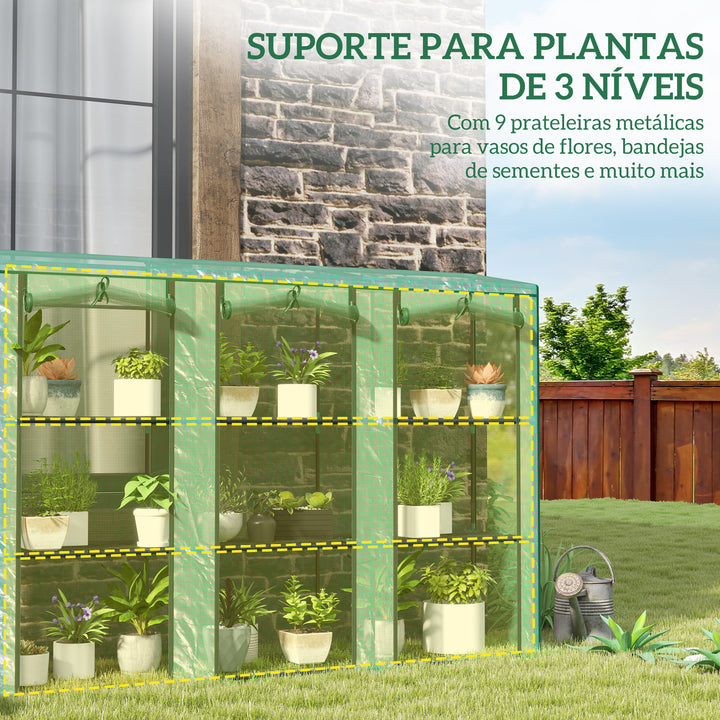 Estufa Pequena Estufa de Exterior com Prateleiras de 3 Níveis Portas com Fecho de Correr e Estrutura de Aço Estufa para Cultivar Plantas Flores 215x46x151 cm Verde