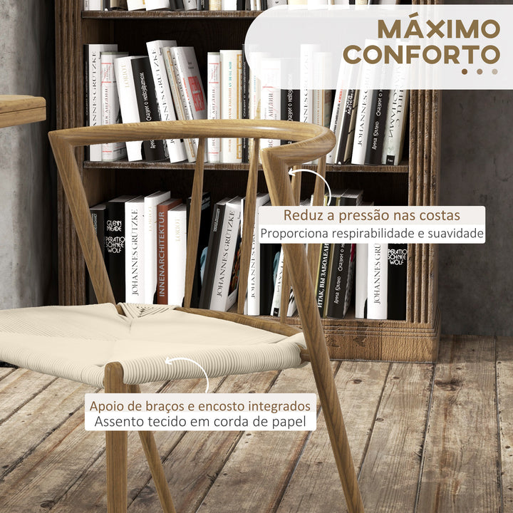 Conjunto de 2 Cadeiras de Sala de Estar com Assento em Corda de Papel Cadeiras de Cozinha Empilháveis Estilo Rústico Carga Máxima 120 kg 51x51x71 cm Carvalho