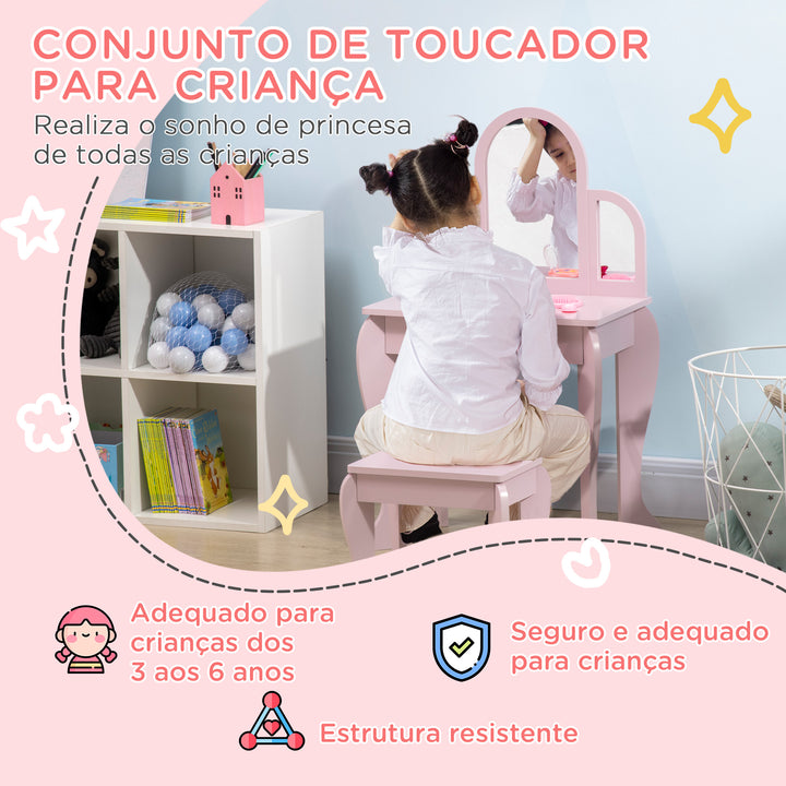 Toucador para Crianças com Espelho e Banco Toucador de Maquilhagem para Crianças de 3 a 6 Anos Toucador Infantil de Madeira com Gaveta 52x32x85 cm Rosa