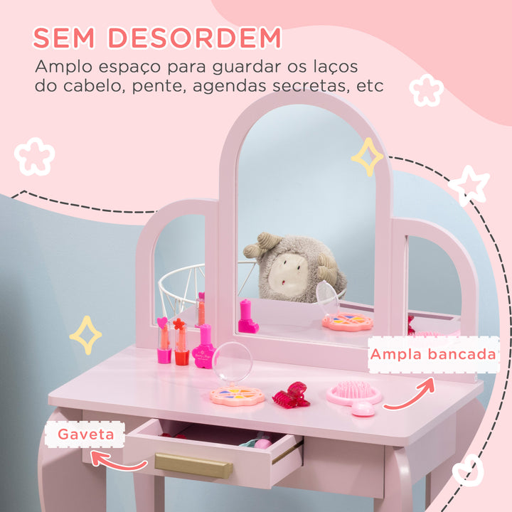 Toucador para Crianças com Espelho e Banco Toucador de Maquilhagem para Crianças de 3 a 6 Anos Toucador Infantil de Madeira com Gaveta 52x32x85 cm Rosa