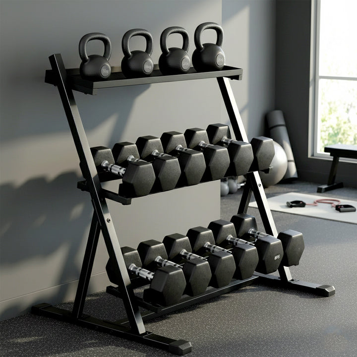 Suporte para Halteres de 3 Níveis Estante de Armazenamento de Pesos de Aço com Barras Ajustáveis para Treino em Ginásio Casa Capacidade 200 kg 88x66x88 cm