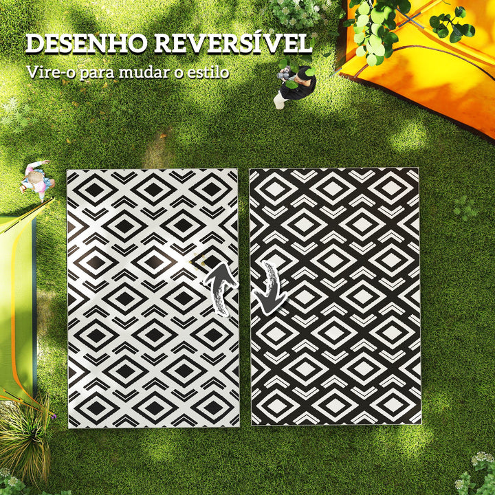Tapete de Exterior 182x274 cm Tapete Reversível com Padrão Geométrico Impermeável Bolsa de Transporte para Varanda Pátio Campismo Praia Branco e Preto