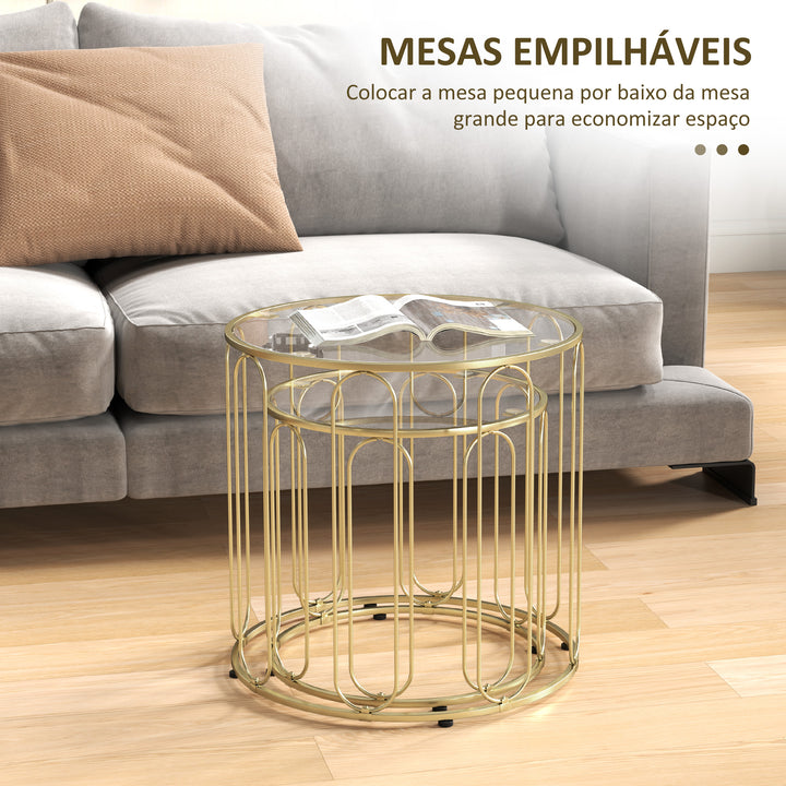 Mesas Auxiliares para Sala de Estar Redondas Conjunto de Mesas Laterais com Estrutura de Metal e Bancada de Vidro Mesas Auxiliares para Dormitórios Dourado