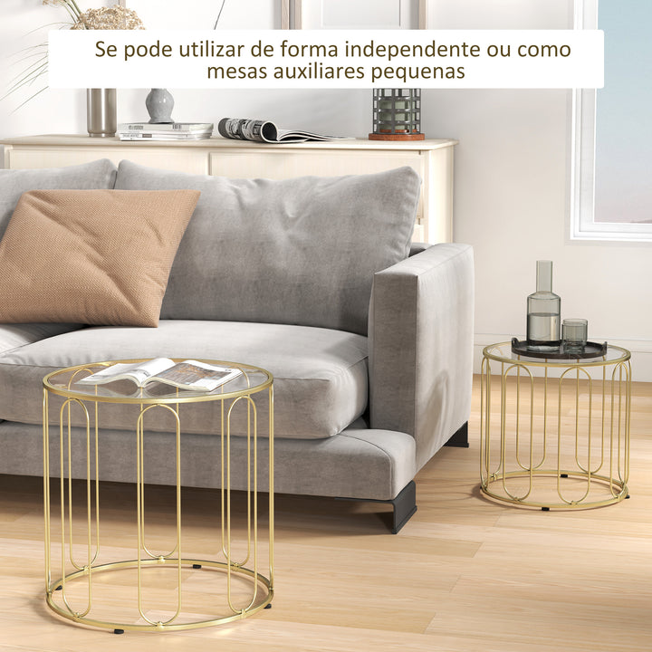 Mesas Auxiliares para Sala de Estar Redondas Conjunto de Mesas Laterais com Estrutura de Metal e Bancada de Vidro Mesas Auxiliares para Dormitórios Dourado