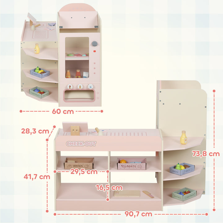 Supermercado de Brinquedo em Madeira Loja com Caixa Registadora Máquina de Venda Automática 3 Prateleiras Abertas 4 Compartimentos e Caixas Etiquetadas para Crianças acima de 3 Anos 90,7x60x73,8 cm Rosa