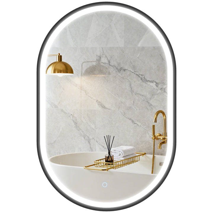 Espelho de Casa de Banho com Luz 60x90 cm Espelho de Parede Oval 3 Cores de Luz Brilho Regulável Função Antiembaçiamento Memória Interruptor Tátil Moldura de Alumínio IP44 Preto