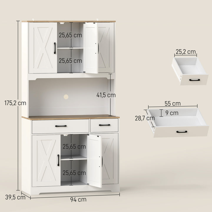 Armário de Cozinha Alto Móvel Auxiliar de Cozinha com 6 Portas Bancada Aberta para Micro-Ondas 2 Gavetas Prateleiras Ajustáveis Orifício para Cabo 94x39,5x175,2 cm Branco