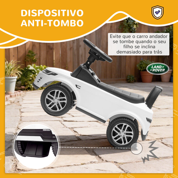 Carro Andador Infantil com Licença de Land Rover Carro Andador para Crianças de 18-36 Meses com Armazenamento Volante Buzina Sons de Motor 65,5x28x42 cm Branco