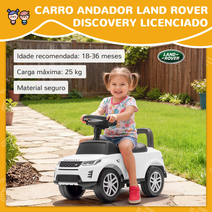 Carro Andador Infantil com Licença de Land Rover Carro Andador para Crianças de 18-36 Meses com Armazenamento Volante Buzina Sons de Motor 65,5x28x42 cm Branco