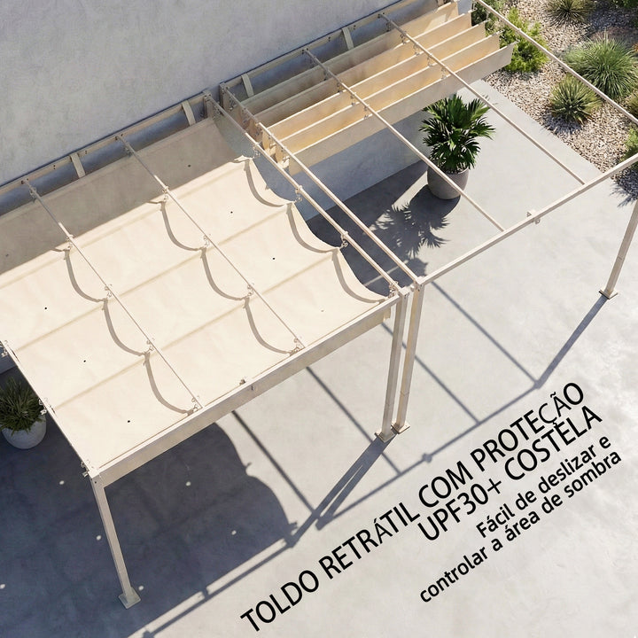 Pérgola de Parede para Jardim 3x3 m Estrutura de Aço com Teto Retrátil Proteção UPF30+ Orifícios de Drenagem Pérgola para Terraço ou Exterior Bege