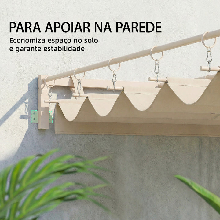 Pérgola de Parede para Jardim 3x3 m Estrutura de Aço com Teto Retrátil Proteção UPF30+ Orifícios de Drenagem Pérgola para Terraço ou Exterior Bege