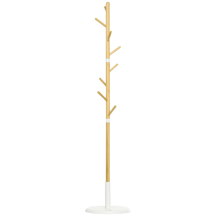 Cabide de Pé de Bambu Cabide de Pé Moderno com 8 Ganchos para Roupas Bolsas Cabide em Forma de Árvore para Entrada Dormitório Ø37,8x175,6 cm Madeira e Branco
