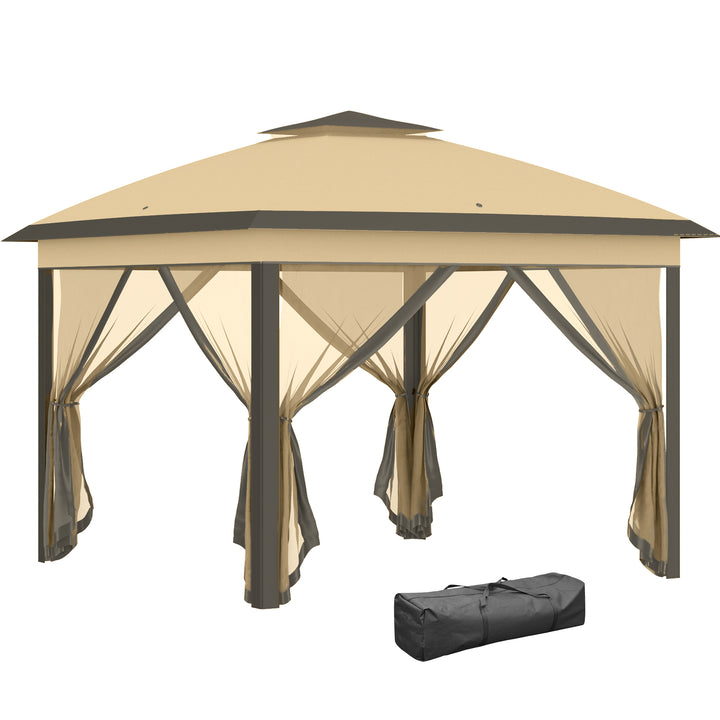 Pérgola Dobrável Exterior 3,3x3,3 m com Altura Ajustável Pérgola de Jardim com Teto Duplo 4 Mosquiteiras Removíveis e Bolsa de Transporte para Acampamento Festas Bege