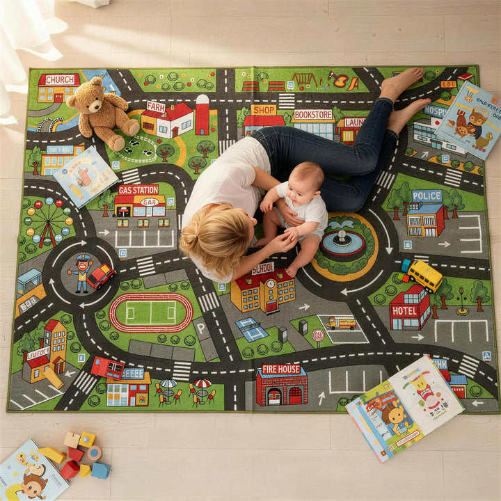 Tapete Infantil Estrada de Cidade 200x150 cm Tapete Educativo Antiderrapante para Bebés para Sala e Quarto Textura Suave Multicor