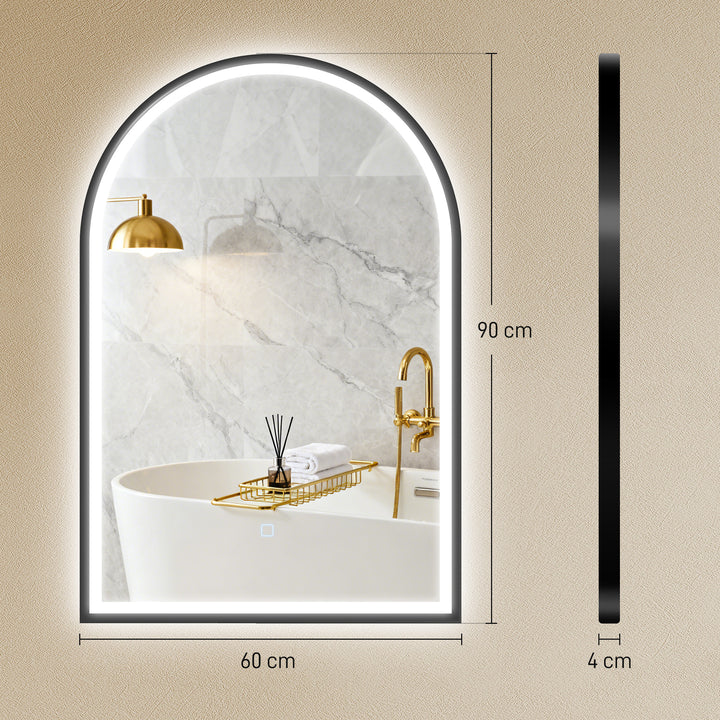 Espelho de Casa de Banho com Luz 60x90 cm Espelho de Parede Arqueado 3 Cores de Luz Brilho Regulável Função Antiembaçiamento Memória Interruptor Tátil Moldura de Alumínio IP44 Preto