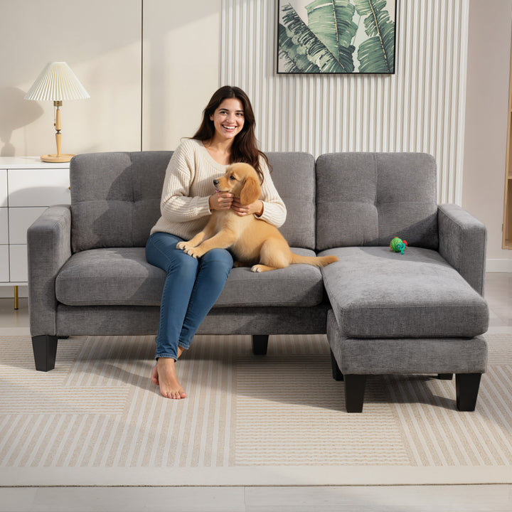 Sofá Chaise Longue Sofá em Forma de L Estofado em Poliéster Sofá de Canto Reversível com 3 Almofadas e Pés de Madeira para Sala de Estar Carga Máxima 180 kg 186x130x84 cm Cinzento Escuro