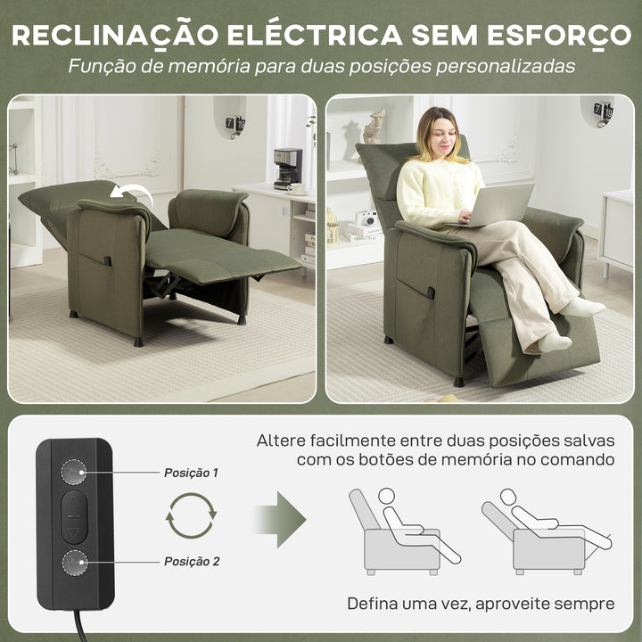 Poltrona Relax Reclinável Elétrica Poltrona Reclinável Silenciosa com Função Memória Apoio para Pés Controlo Remoto e Bolsos Laterais para Dormitório Sala de Estar 80x83x104 cm Verde Escuro
