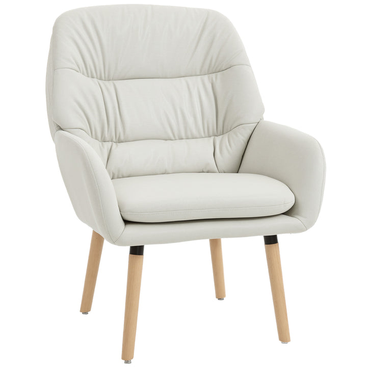 Poltrona de Sala de Estar Moderna Acolchoada de Dupla Camada Estofada em Couro Sintético Pés de Madeira 68x74x89 cm Creme