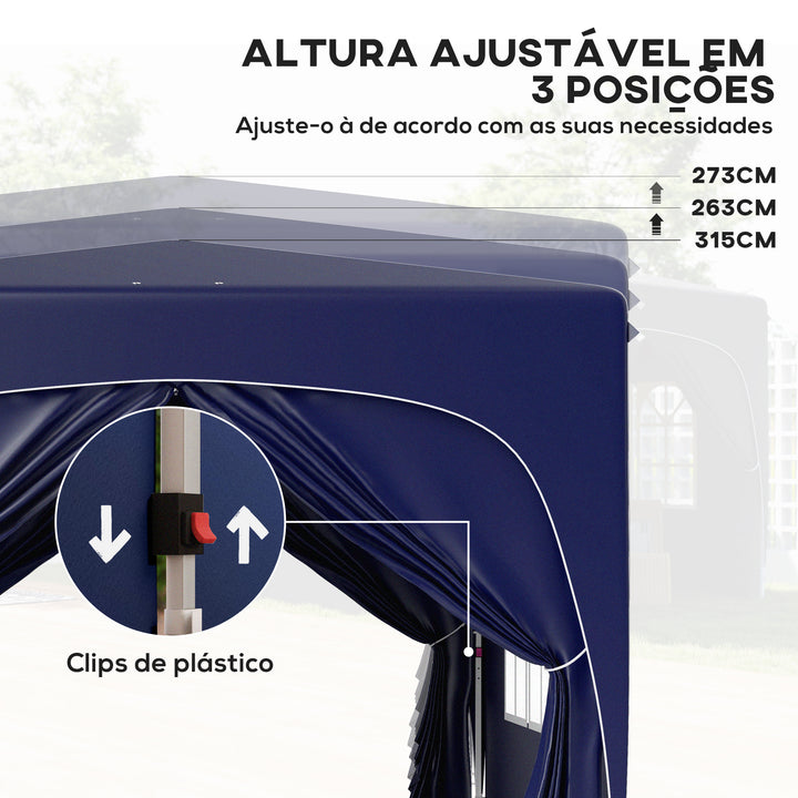 Tenda Dobrável Tenda 3x3 m com Painéis Laterais UPF50+ Tenda de Jardim com Altura Ajustável e Bolsa de Transporte para Campismo Festas Pátio Azul Escuro