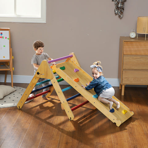 Triângulo de Escalada de Madeira 2 em 1 Escalada para Crianças de 18-48 Meses com Rampa para Deslizar ou Escalar 147x64,5x63 cm Multicor