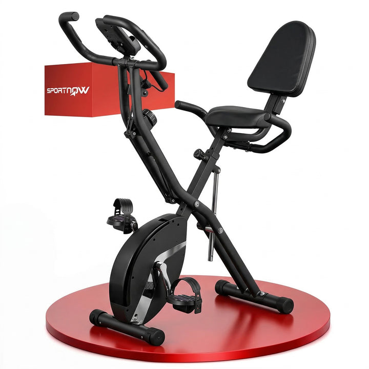 Bicicleta Estática Dobrável com Resistência Magnética de 8 Níveis Bicicleta Estática Dobrável com Encosto Volante Ecrã LCD e Banda de Resistência Carga 110 kg 43x97x109 cm Preto