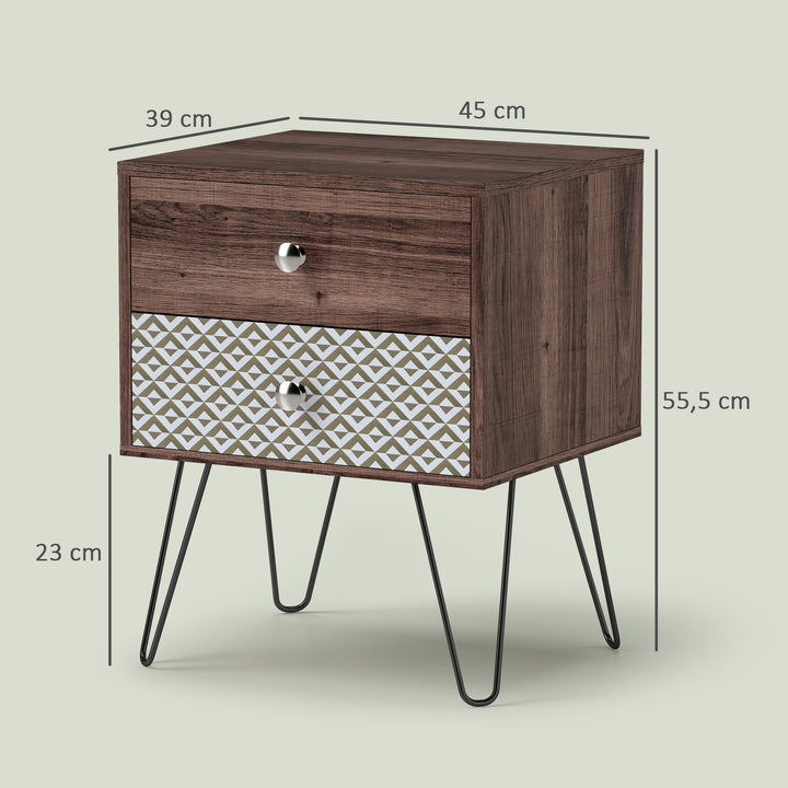 Mesa de Cabeceira com 2 Gavetas Mesa de Noite com Pés de Aço Estilo Boémio Mesa de Cabeceira para Quarto Sala de Estar 45x39x55,5 cm Marrom