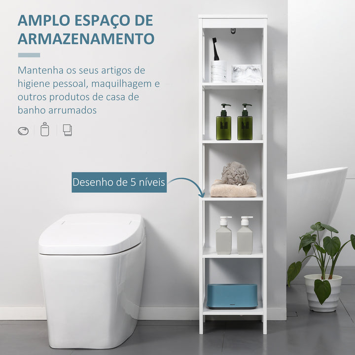 Estante para Casa de Banho de 5 Níveis Móvel Auxiliar de Armazenamento para Cozinha Sala de Estar Dormitório Estilo Moderno Anti-Tombamento Carga Máx. 30kg 30x30x140cm Branco