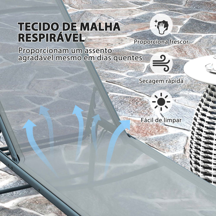 Conjunto de 2 Espreguiçadeiras Jardim Exterior Espreguiçadeiras Dobráveis Reclináveis em 5 Posições com Estrutura Metálica e Assento de Malha Transpirável 164x54x84 cm Cinza Claro