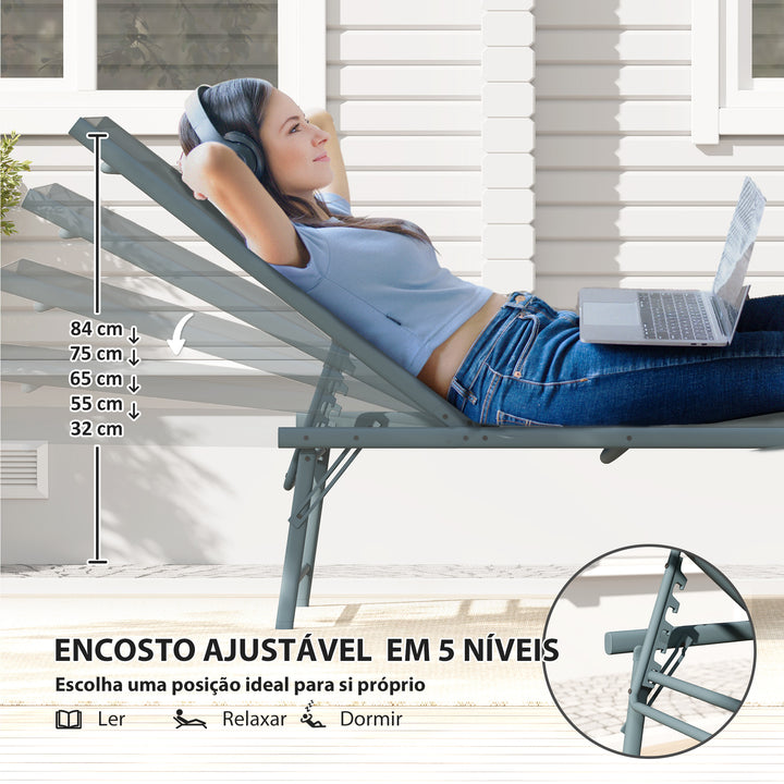 Conjunto de 2 Espreguiçadeiras Jardim Exterior Espreguiçadeiras Dobráveis Reclináveis em 5 Posições com Estrutura Metálica e Assento de Malha Transpirável 164x54x84 cm Cinza Claro