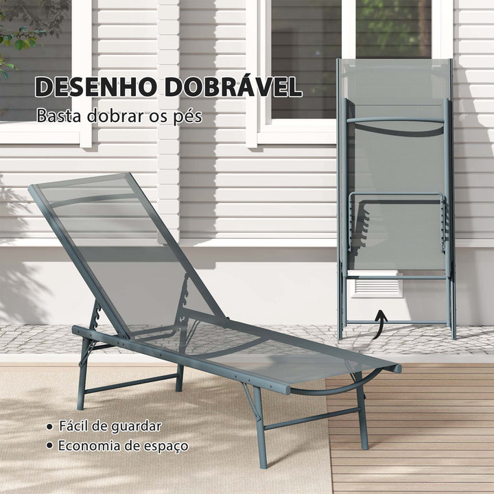 Conjunto de 2 Espreguiçadeiras Jardim Exterior Espreguiçadeiras Dobráveis Reclináveis em 5 Posições com Estrutura Metálica e Assento de Malha Transpirável 164x54x84 cm Cinza Claro