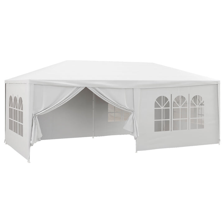 Tenda de Jardim 583x293 cm Tenda de Festas Desmontável com 4 Janelas 2 Portas com Fecho de Correr 6 Paredes Laterais e Impermeável para Exterior Pátio Branco