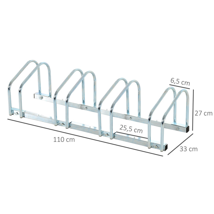 Estacionamento para 4 Bicicletas Suporte de Aço para Estacionar Bicicletas no Chão para Interior e Exterior 110x33x27 cm Prata