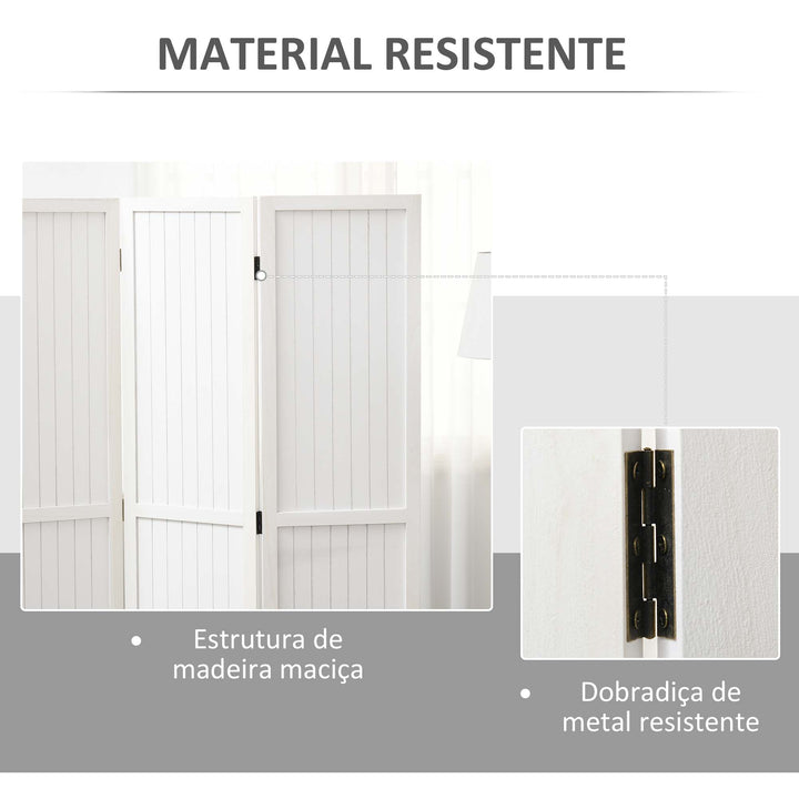 Biombo 3 Painéis Separador de Ambientes Dobrável 120x1,8x170 cm Divisor de Habitação com Painel de Privacidade Estilo Rústico para Escritório Dormitório Sala de Estar Branco