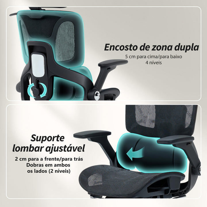 Cadeira de Secretária Ergonómica com Descanso para Pés Cadeira de Escritório Giratória com Encosto Reclinável e Alto Suporte Lombar Rede Transpirável Apoios de Braço 4D e Encosto de Cabeça Ajustável Rodas